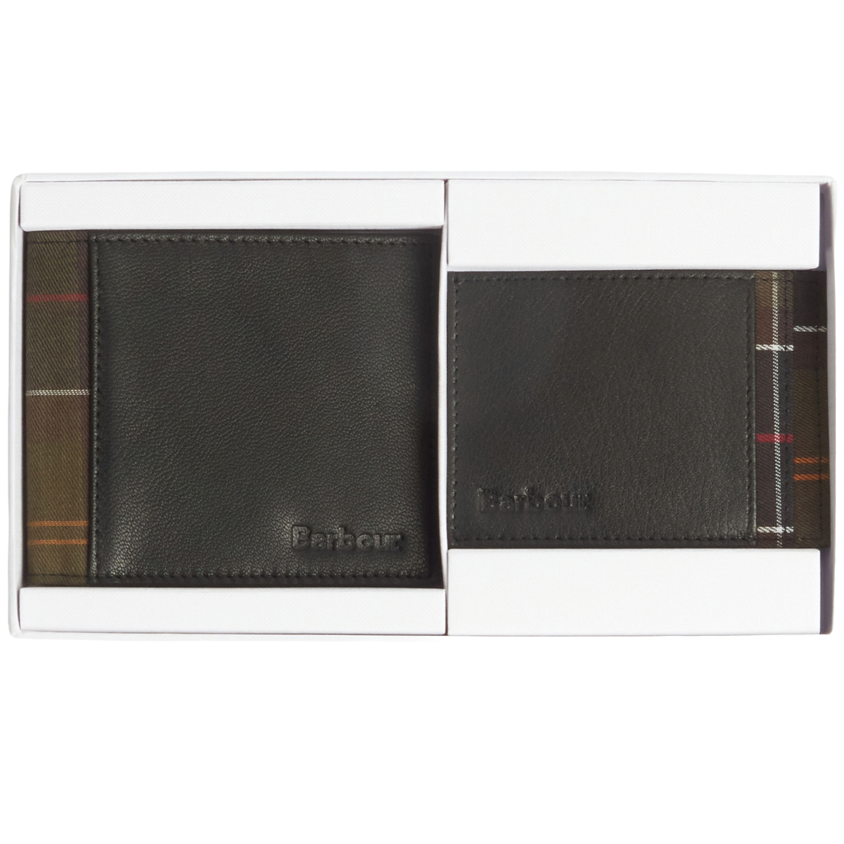 Barbour Leather Tartan Wallet & Card Holder Gift Set, black, front view