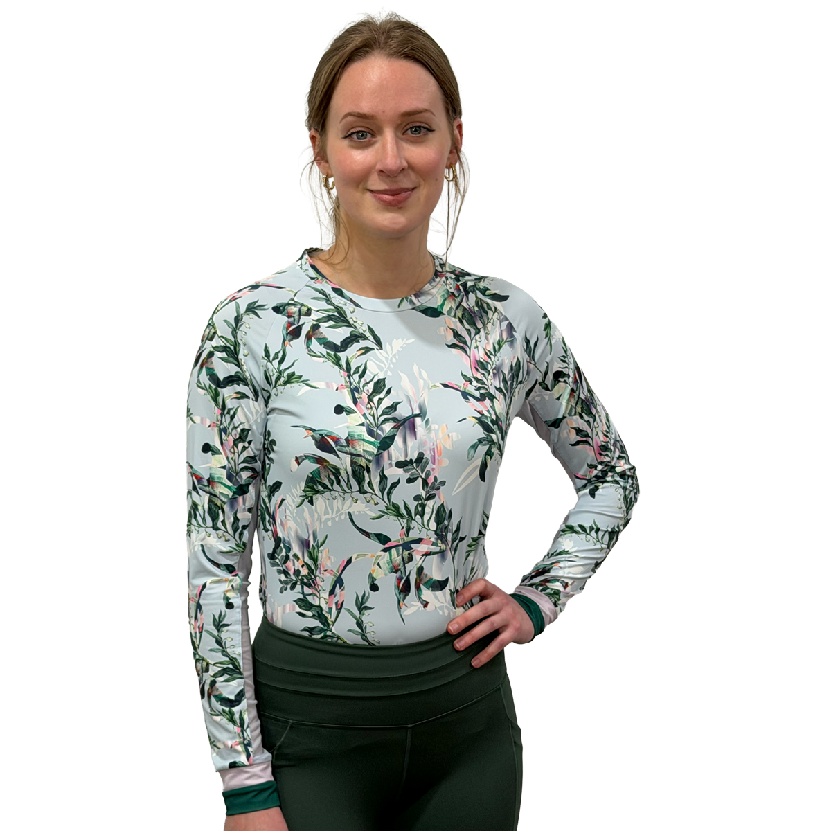Kastel Powder Blue Botanical Crewneck with Striped Cuff