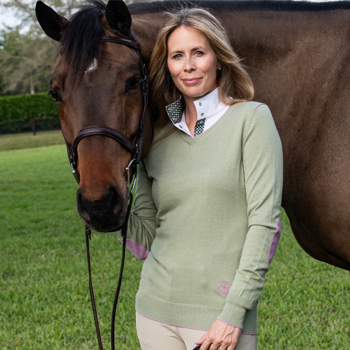 Essex Classics Moss Green with Mauve Trey V-Neck Sweater