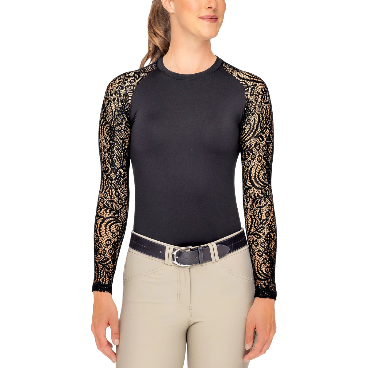 Kastel Women's Black Floral Lace Long Sleeve Raglan Crewneck Sun Shirt