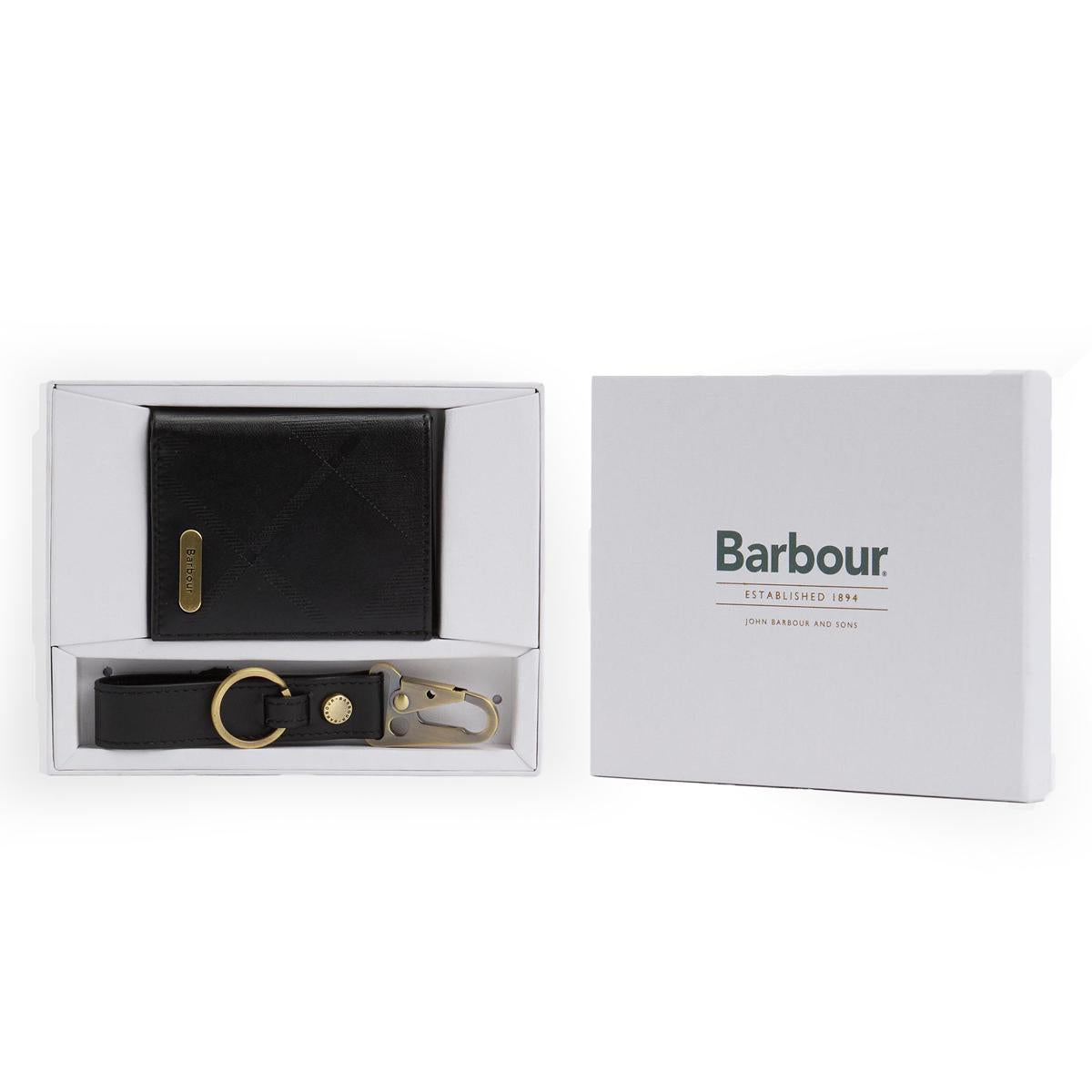 Barbour Brunton Leather Wallet & Key Fob Gift Set, black, boxed view