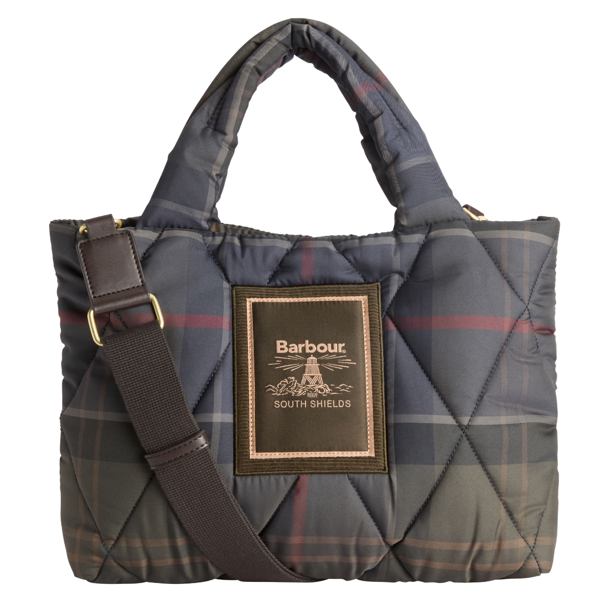 Barbour Tartan Arlene Mini Quilted Tote Bag, Shadow Classic Tartin, front view