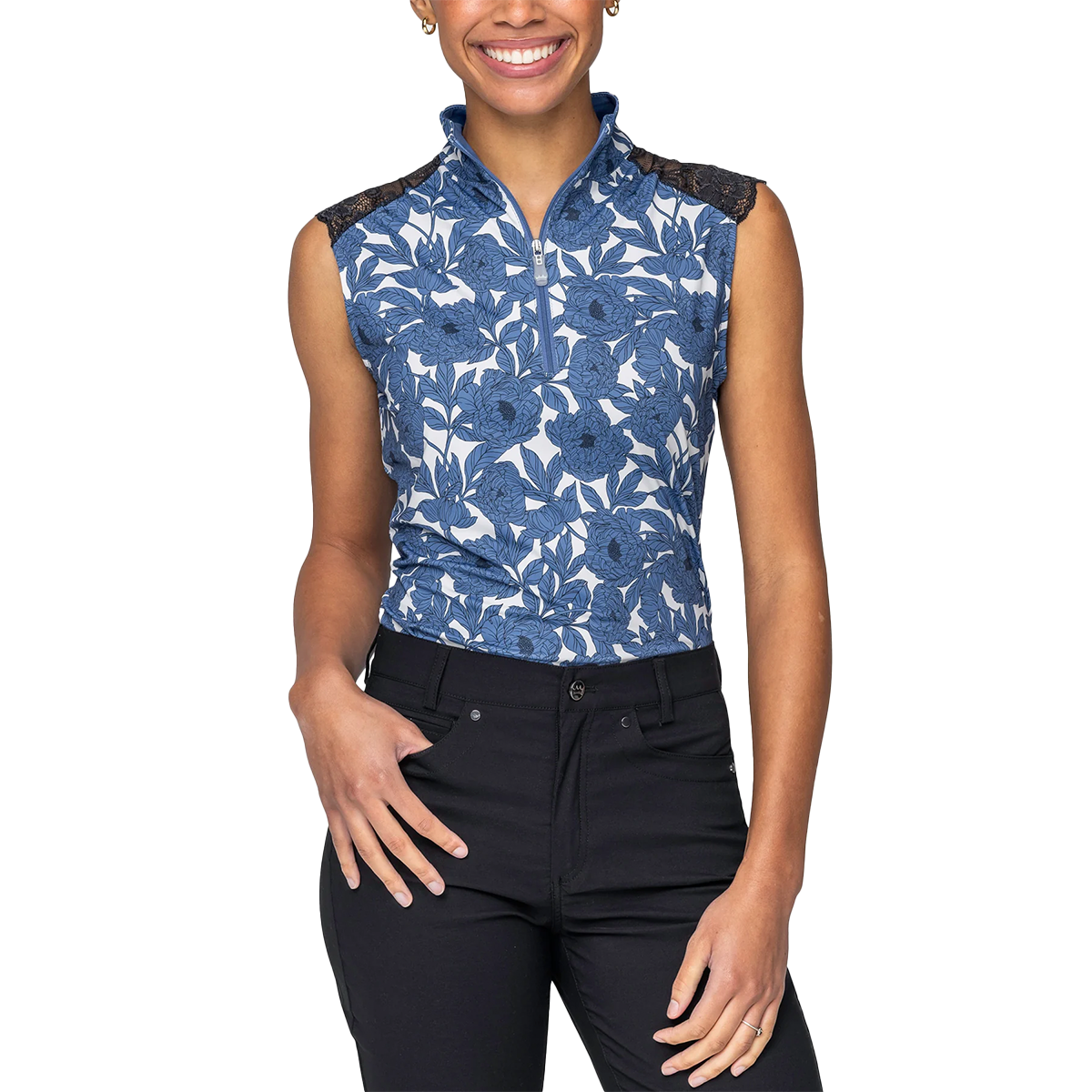 Kastel Pacific Blue Wild Rose 1/4 Zip Lace Shoulder Tank