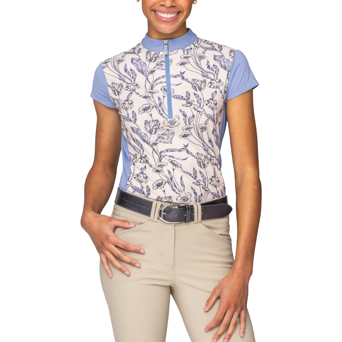 Kastel Women's Periwinkle French Tulip Color Block Cap Sleeve 1/4 Zip Sun Shirt
