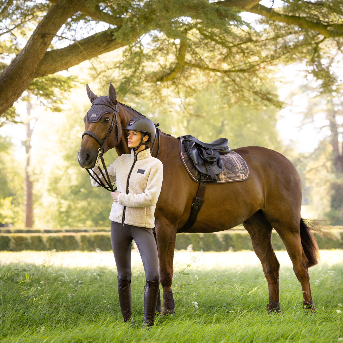 LeMieux Heritage Check Jump Square Saddle Pad-cocoa-model view