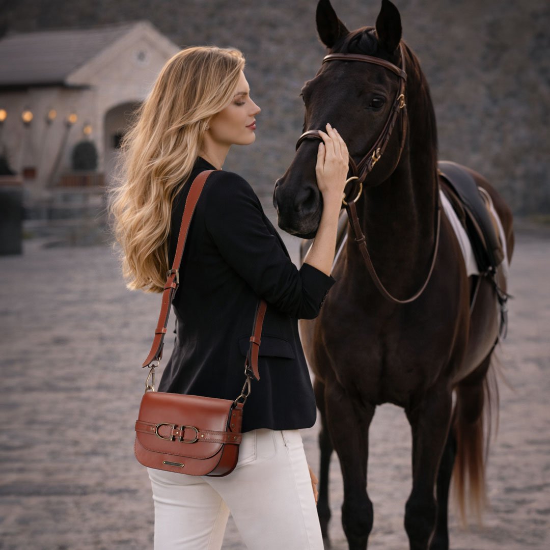 Urban Equestrian Delaney - Equestrian Stirrup Crossbody Luxury Leather Handbag in Cognac