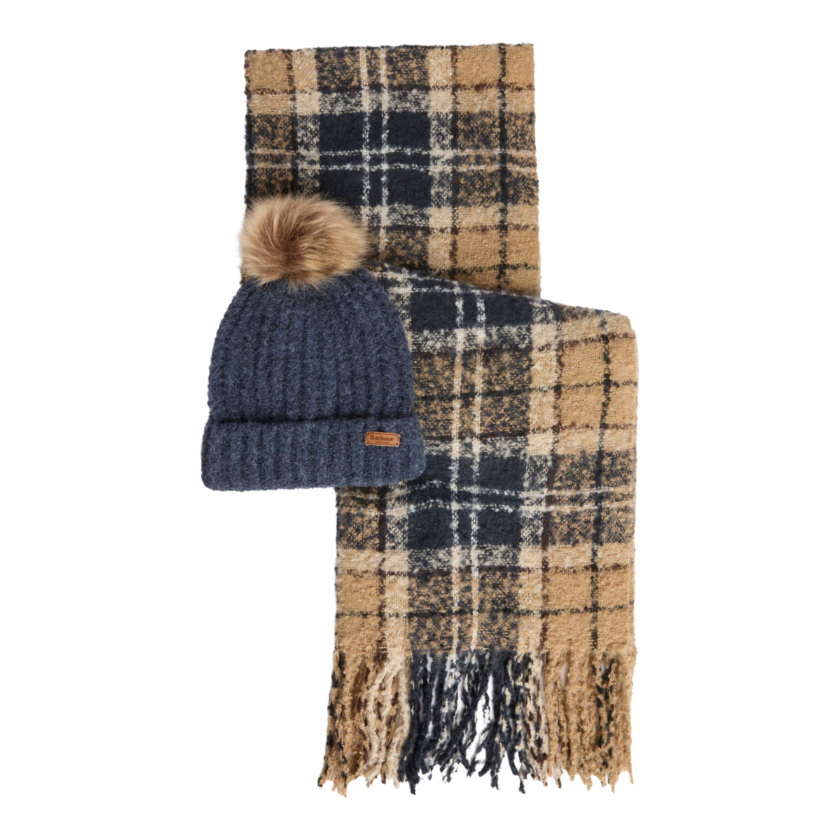 Barbour Saltburn Beanie & Tartan Scarf Set, birchwood, hat and scarf view