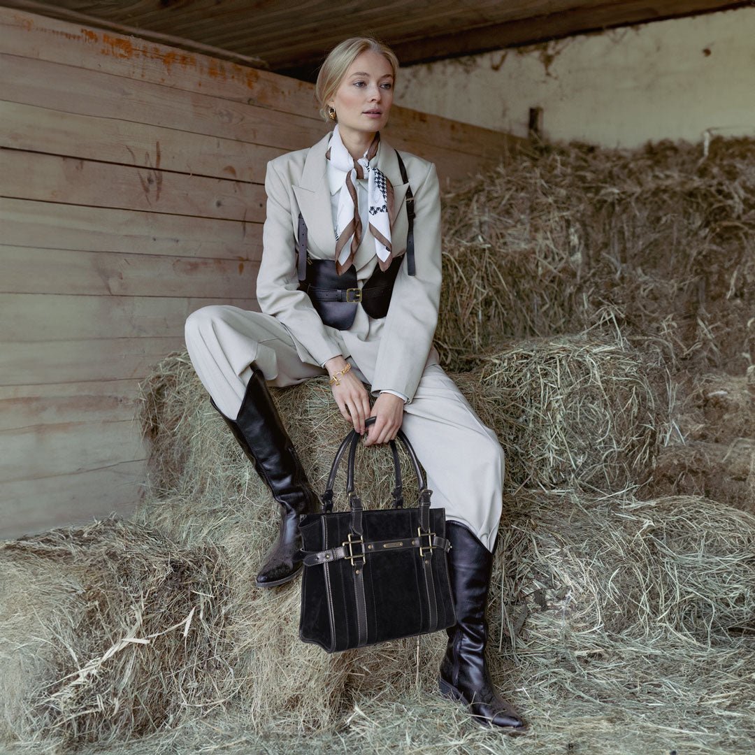 Urban Equestrian Paddock - Halter Tote Luxury Leather Handbag in Black on Black