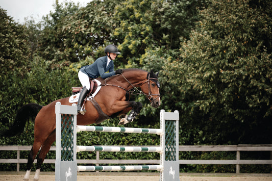 Rider on a brown horse completing a vertical jump