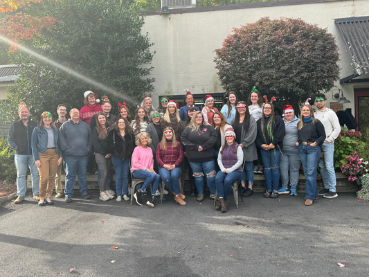 The Farm House Team wearing Christmas hats and glasses in front of our Landrum store