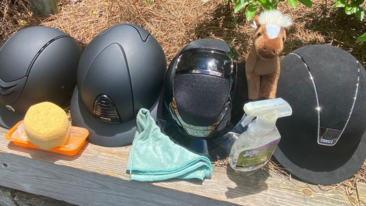 horse riding helmets next to helmet cleaning supplies