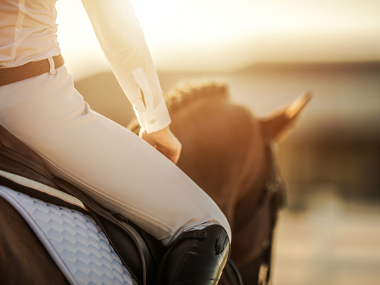 Closeup of a person wearing tan breeches riding at sunset