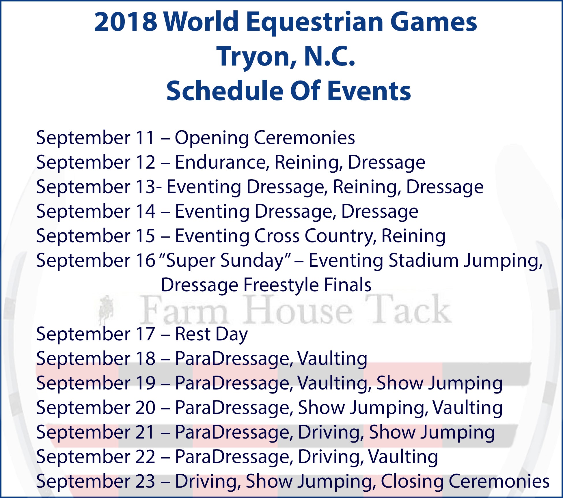 Official Schedule For 2018 World Equestrian Games - Tryon N.C.