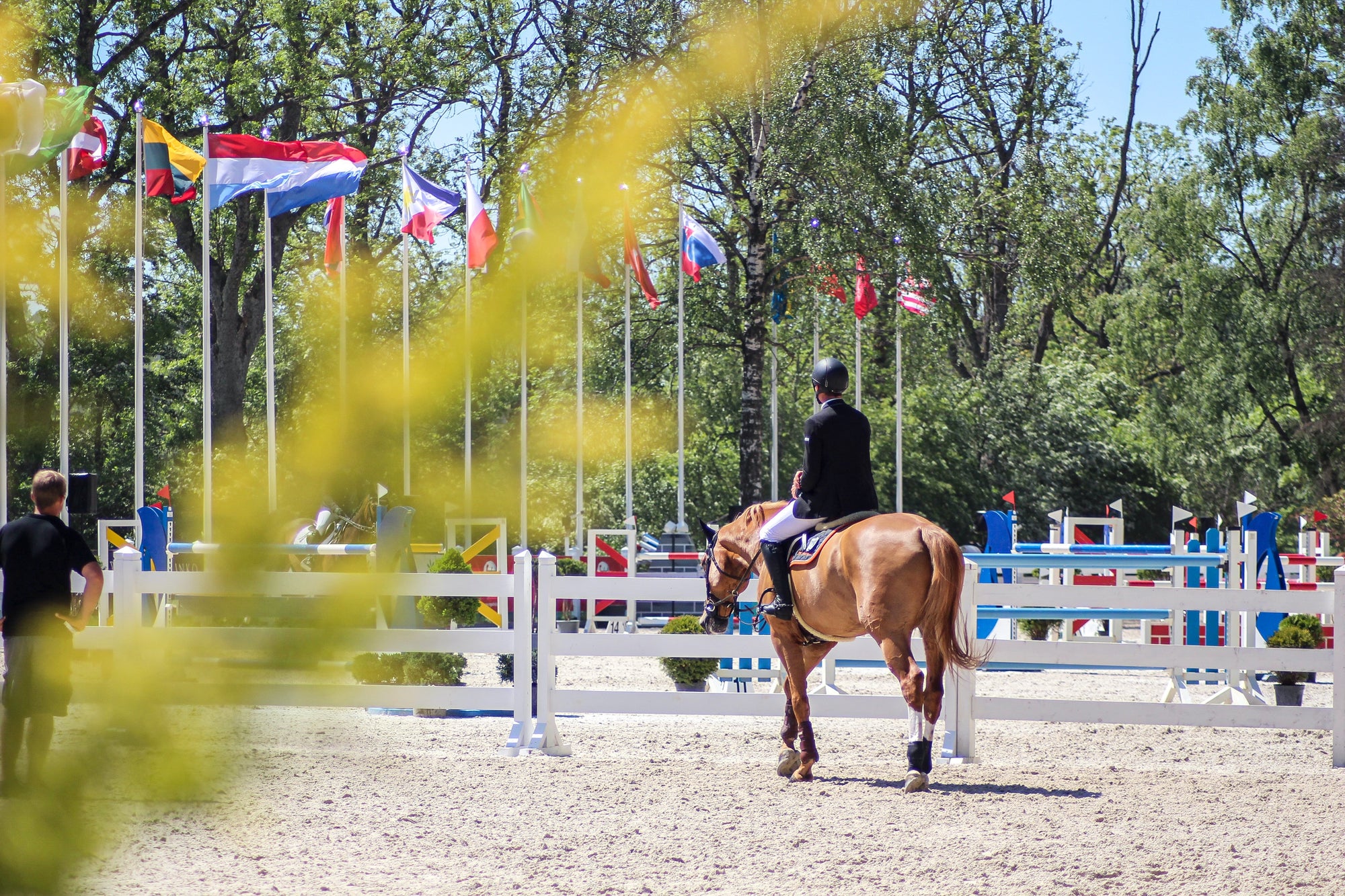 Man riding horse at competition with flags in the background