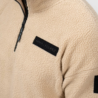 Maya Delorez Unisex Teddy Halfzip Sweater-Light Beige-Front Logo View