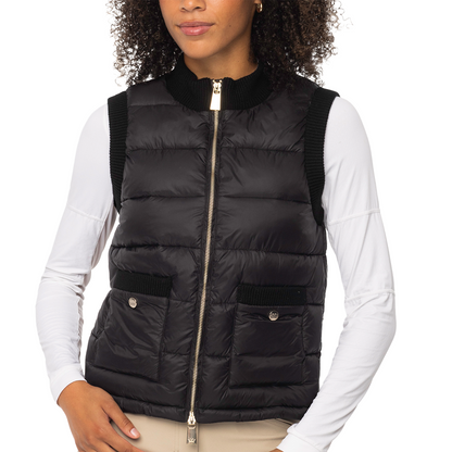Women's Quilted Vest w/ Gold Zipper - Black - Front View