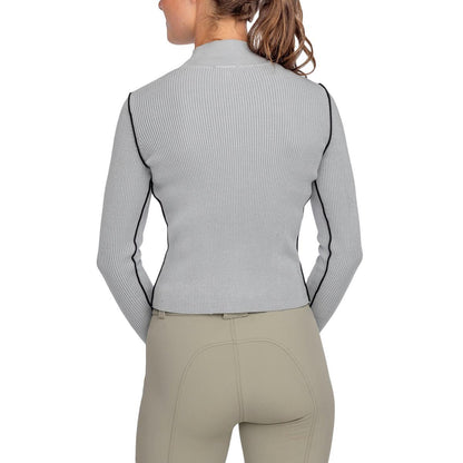 Kastel Dove Gray Ribbed Mock Neck Sweater with Black Piping