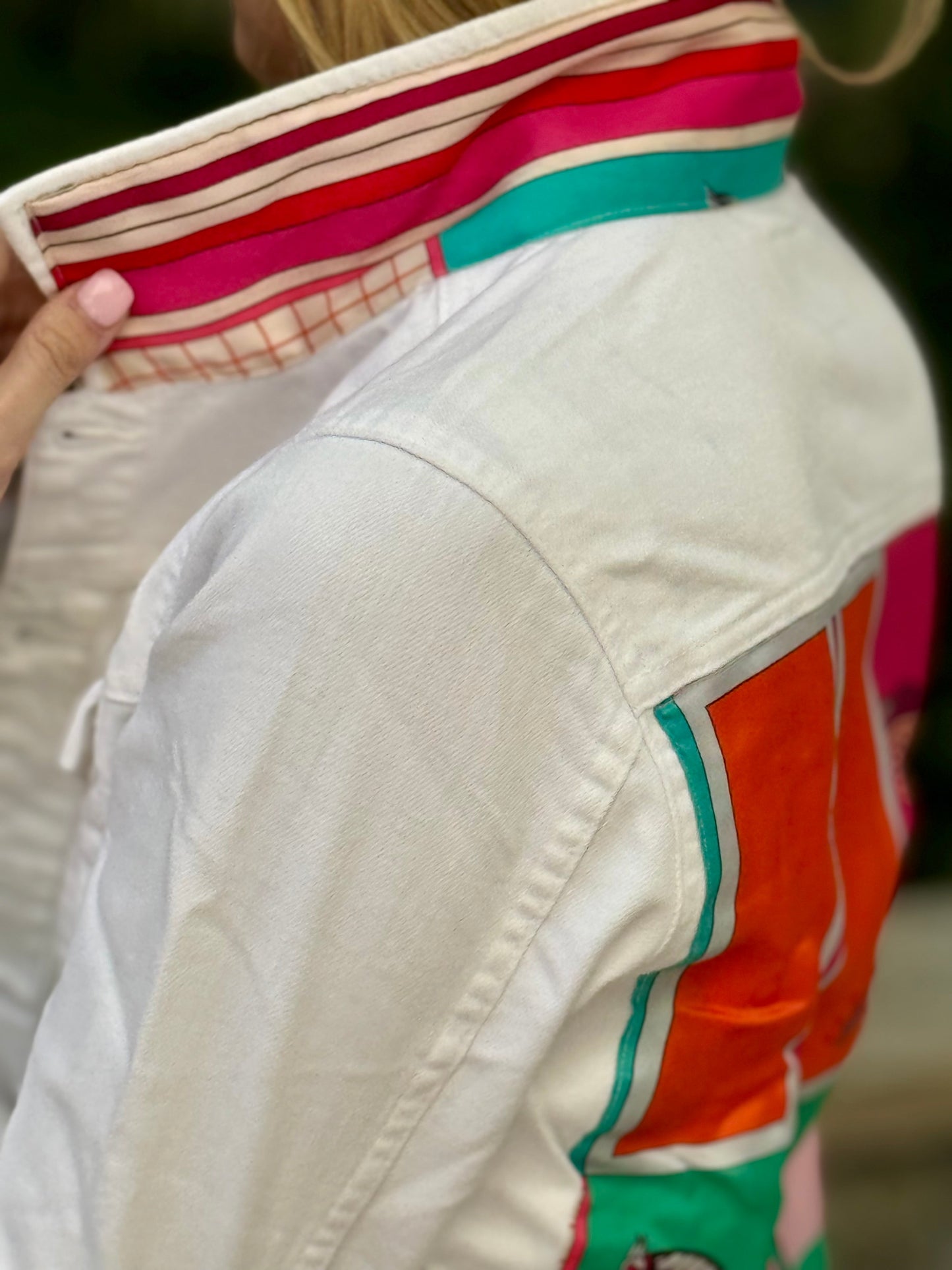 Stacy Bradley Design, The White Denim Jacket - Pink Horse with Teal