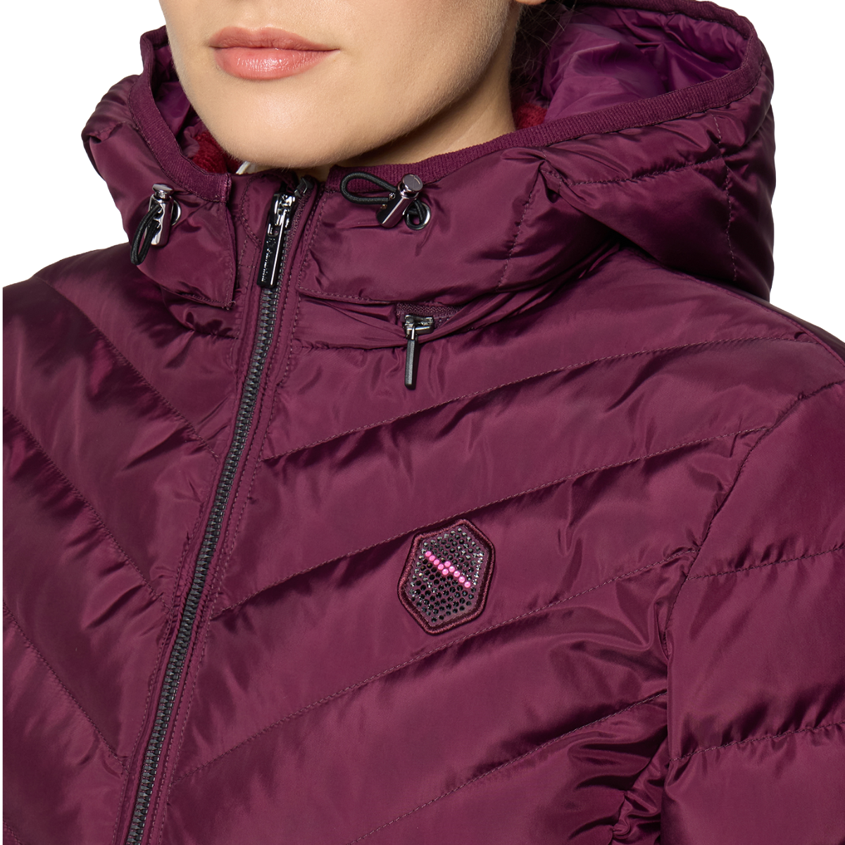 Samshield Women's Courchevel Light Puffer Jacket, Plum, collar zipper view