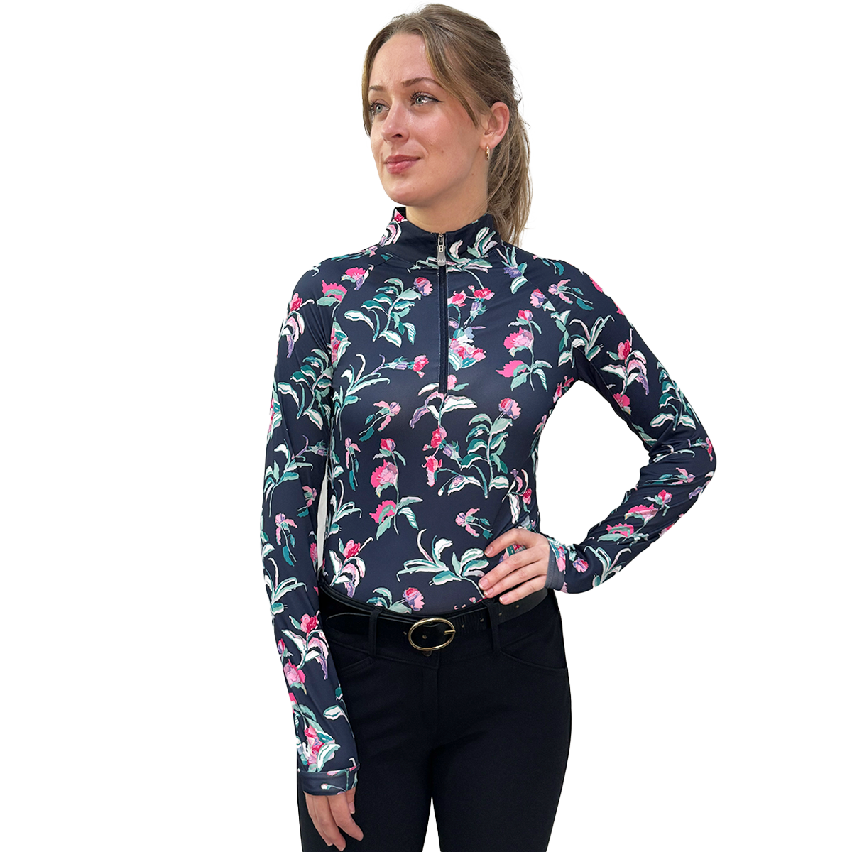 Kastel Long Sleeve Navy Garden Blooms 1/4 Zip Sun Shirt