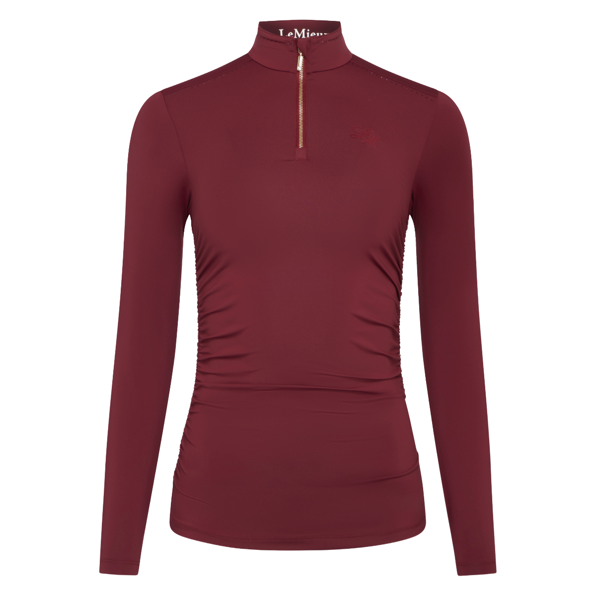 LeMieux Women's Lustre Ruched Long Sleeve Base Layer  front view in Garnet