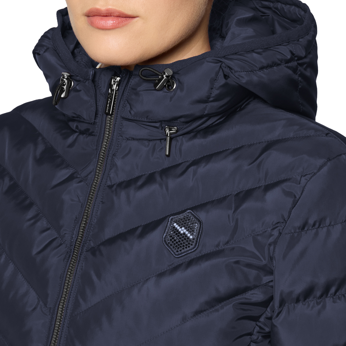 Samshield Women's Courchevel Light Puffer Jacket, Navy, collar zipper view