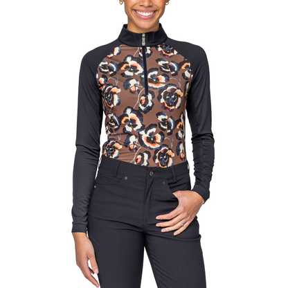 Women's 1/4 Zip Raglan Long Sleeve Shirt - Chocolate Brown Pansies - Front View