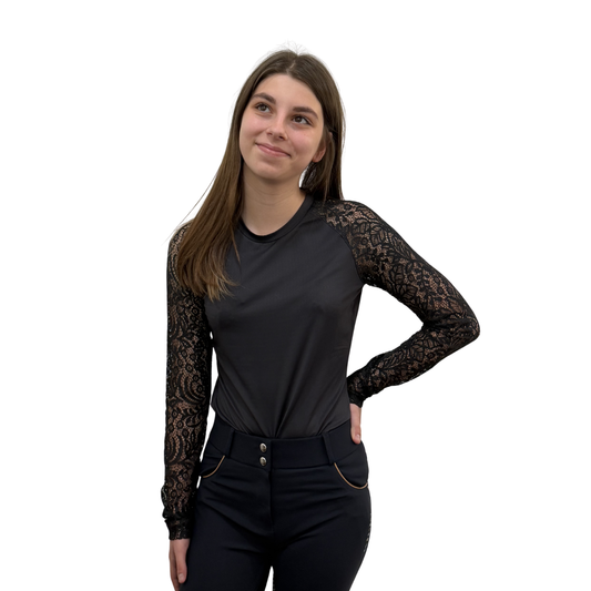 Kastel Women's Black Floral Lace Long Sleeve Raglan Crewneck Sun Shirt