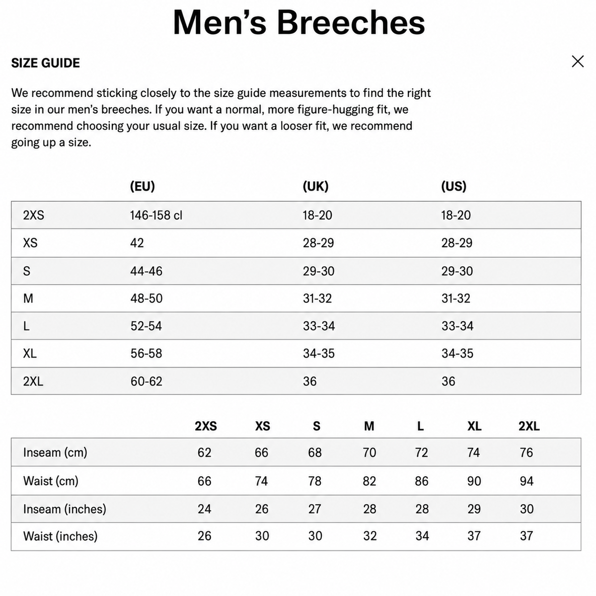 Maya Delorez Men's Half Seat Sport Breeches-Size Chart