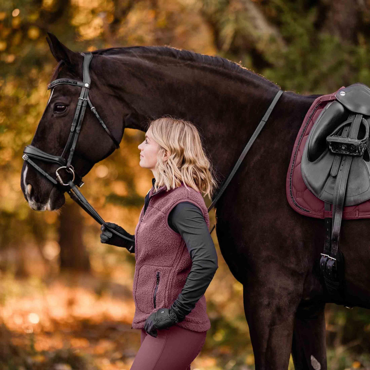 Equinavia Women's Emma Teddy Fleece Vest - burgundy - model and horse