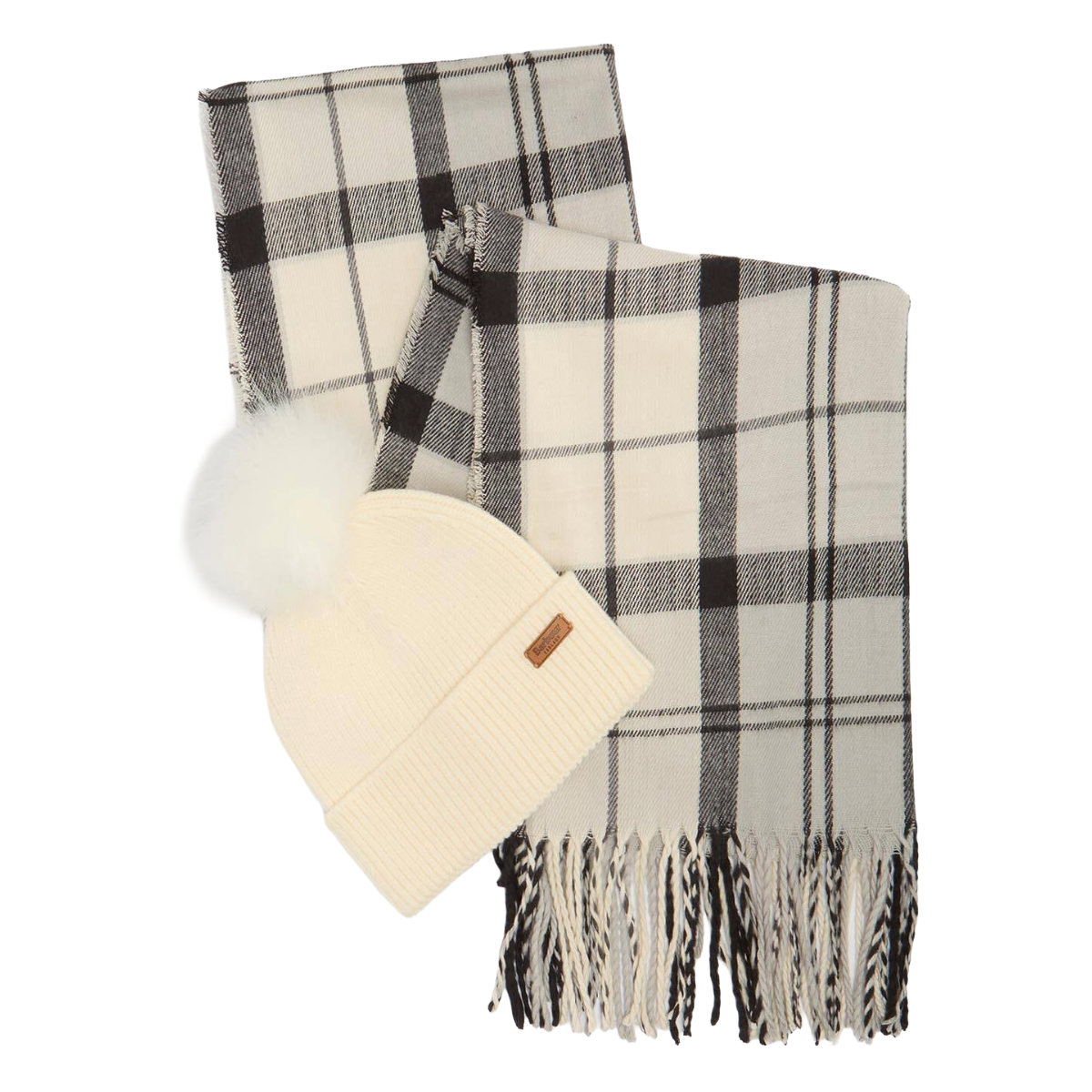 Barbour Dover Beanie & Hailes Scarf Gift Set, Monochrome Tartan, hat and scarf view 
