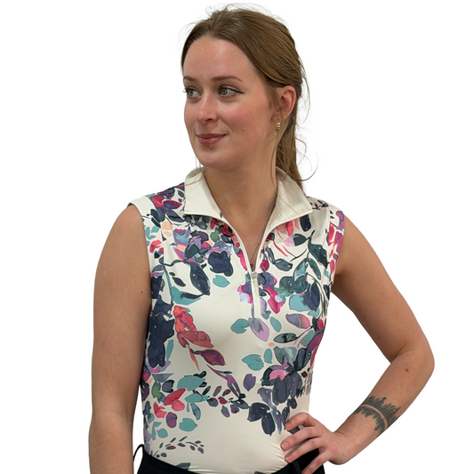 Kastel Amethyst Watercolor Floral Ruched Back 1/4 Zip Tank