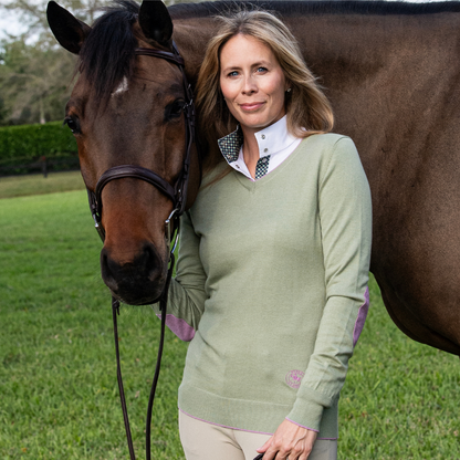 Essex Classics  Moss Green with Mauve Trey V-Neck Sweater