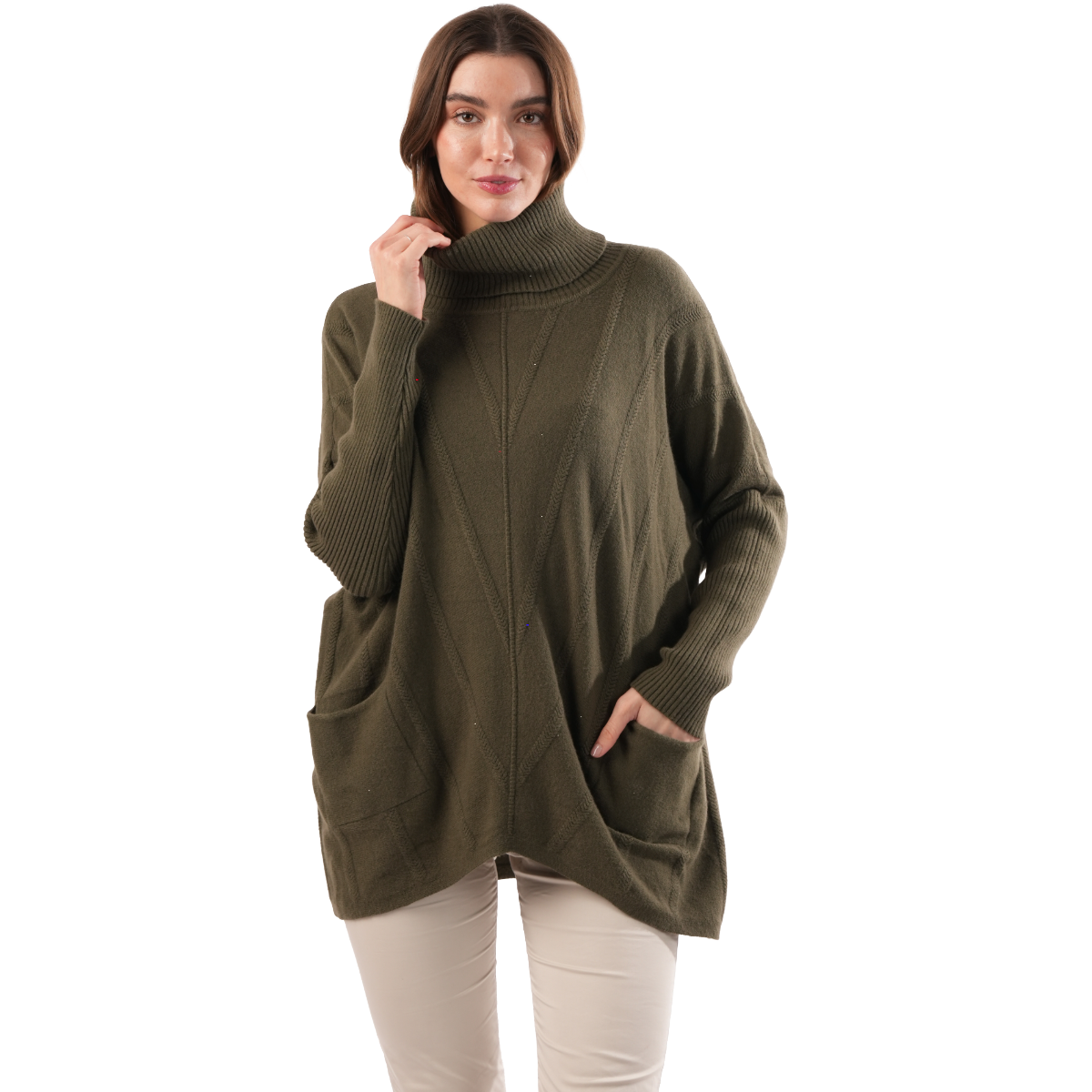 Welligogs Women's Cable Knit Jumper-Khaki-Front View