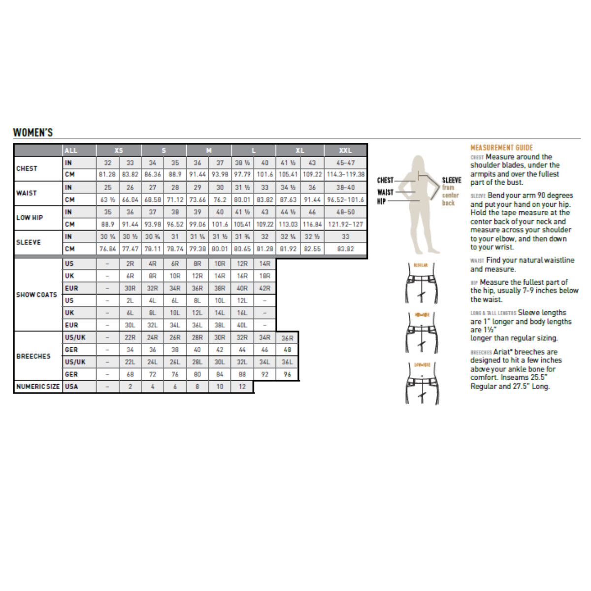 Ariat Women's Avail 2.0 Half Grip Tight - Size Chart