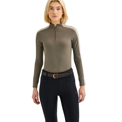 Maya Delorez Women's Long Sleeve Zipper-Brown/Beige-Front View
