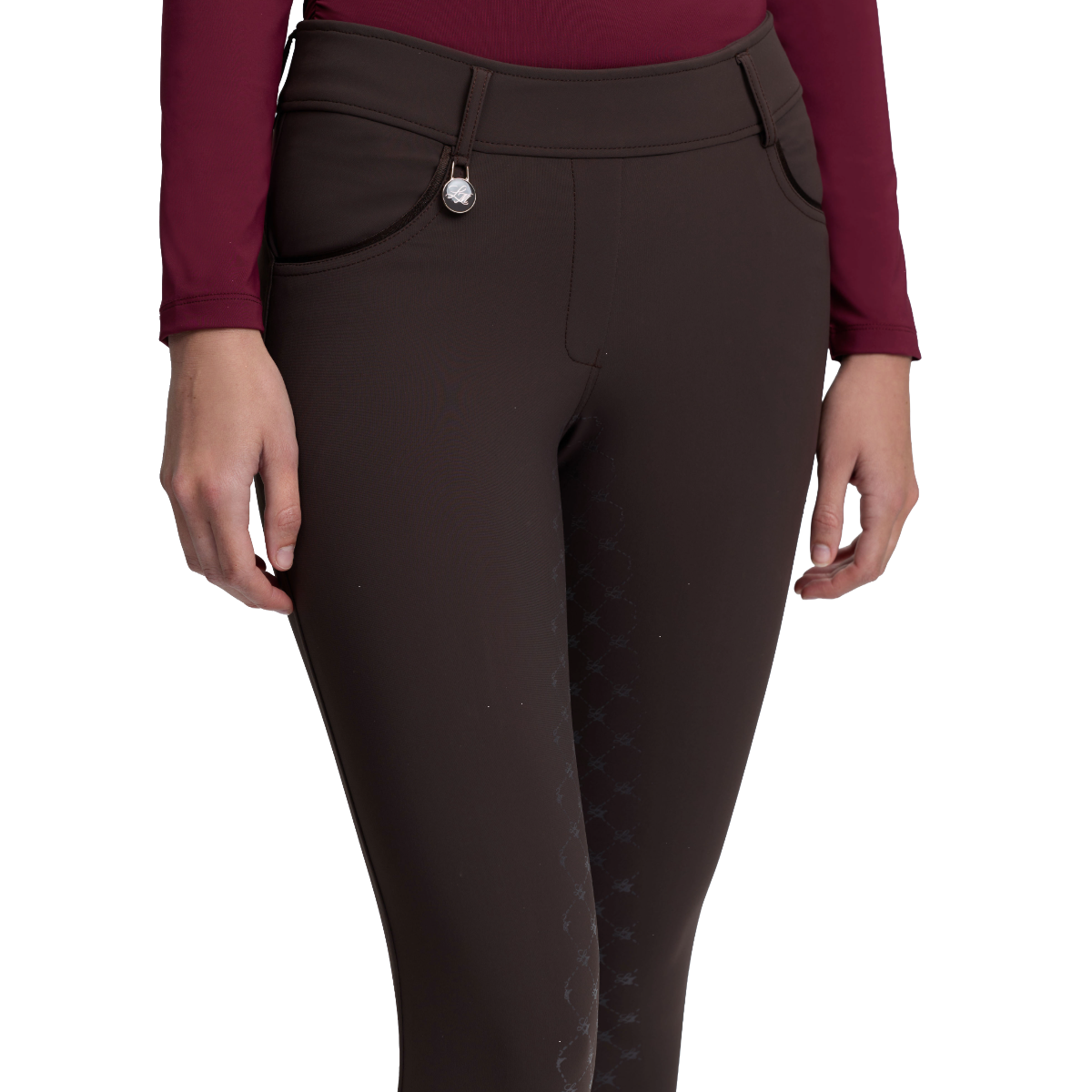 LeMieux Women's Lustre Half Seat Breggings model view in  Espresso 