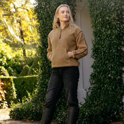 LeMieux Women's Avery Teddy Quarter Zip Fleece-Caramel-Front View