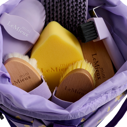 LeMieux Mini Lemon Grooming Set open bag view in Lilac