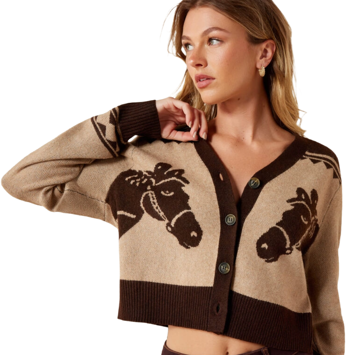 Ariat Women's Colter Cardigan model view in tigers eye/chicory
