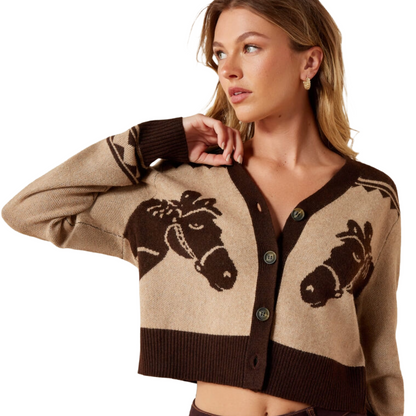 Ariat Women's Colter Cardigan model view in tigers eye/chicory