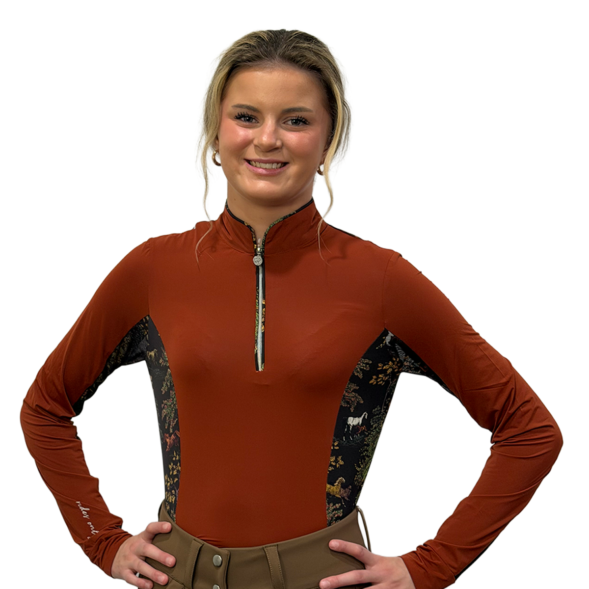 Dapplebay Women's Grace 1/4 Zip Long Sleeve Riding Top-Rust-front view