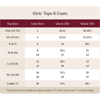 RJ Classics Harmony Evo Jr Mesh Show Coat-Size Chart