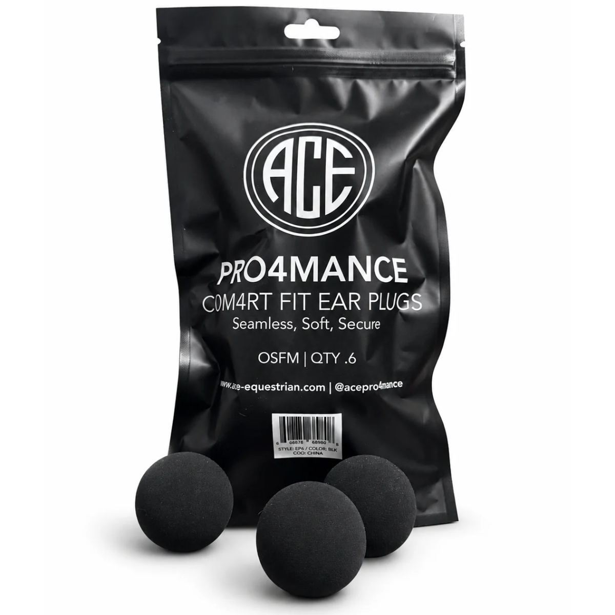 ACE Equestrian Pro4mance Com4rt Fit Ear Plugs-Black-Front View