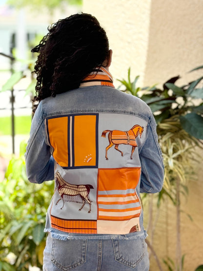 Stacy Bradley Design, The Light Denim Jacket - Light Blue with Orange Horse
