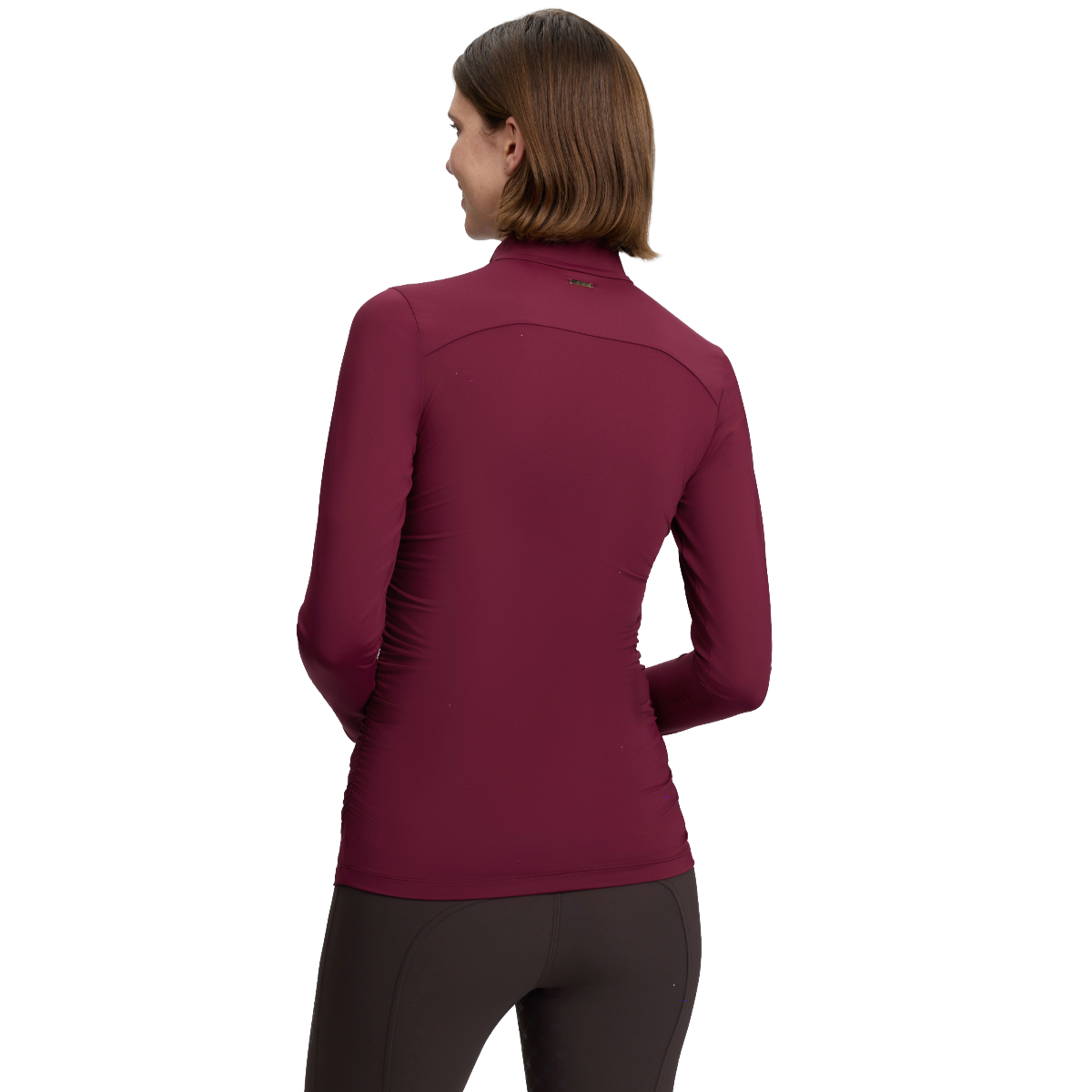 LeMieux Women's Lustre Ruched Long Sleeve Base Layer  Model back view in garnet