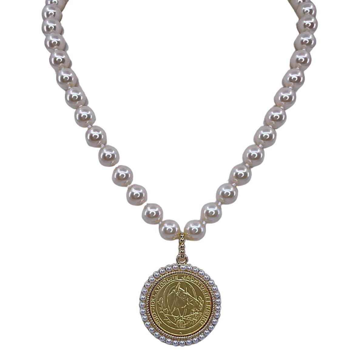 Erin Knight Designs Vintage Hand Knot Pearl With Repurposed Horse Hunting Coin