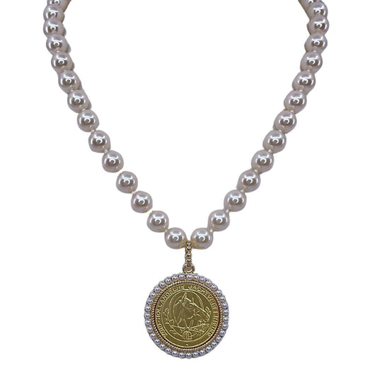 Erin Knight Designs Vintage Hand Knot Pearl With Repurposed Horse Hunting Coin