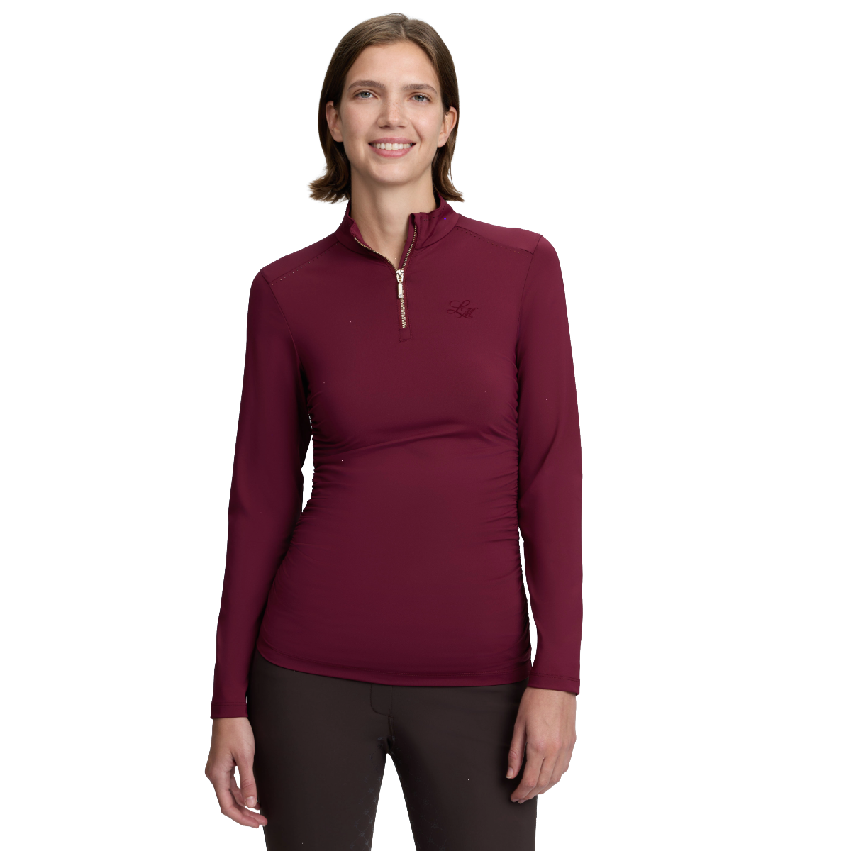 LeMieux Women's Lustre Ruched Long Sleeve Base Layer  Model view in garnet