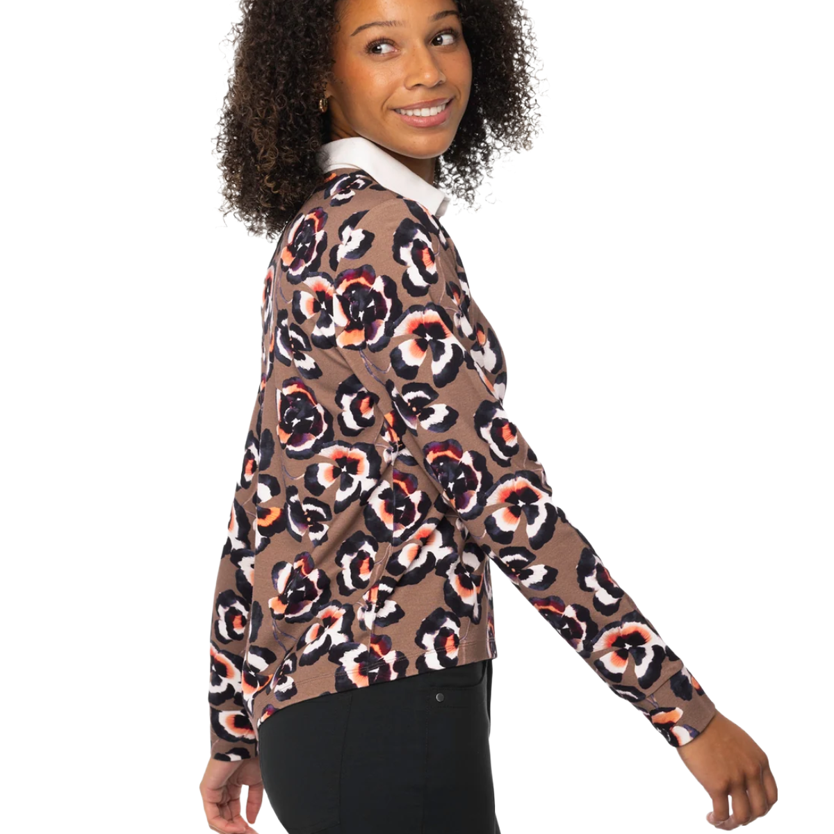 Kastel Women's Rugby Shirt-Chocolate Brown Pansie-Side View